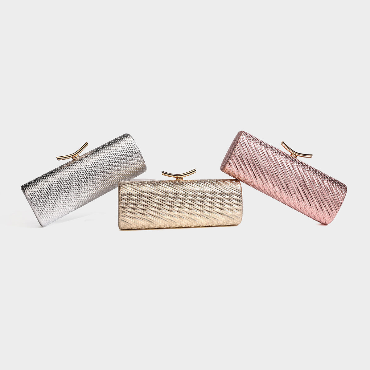 Structured metallic woven evening clutch bag with curved gold-tone kiss-lock clasp and detachable slim gold chain strap