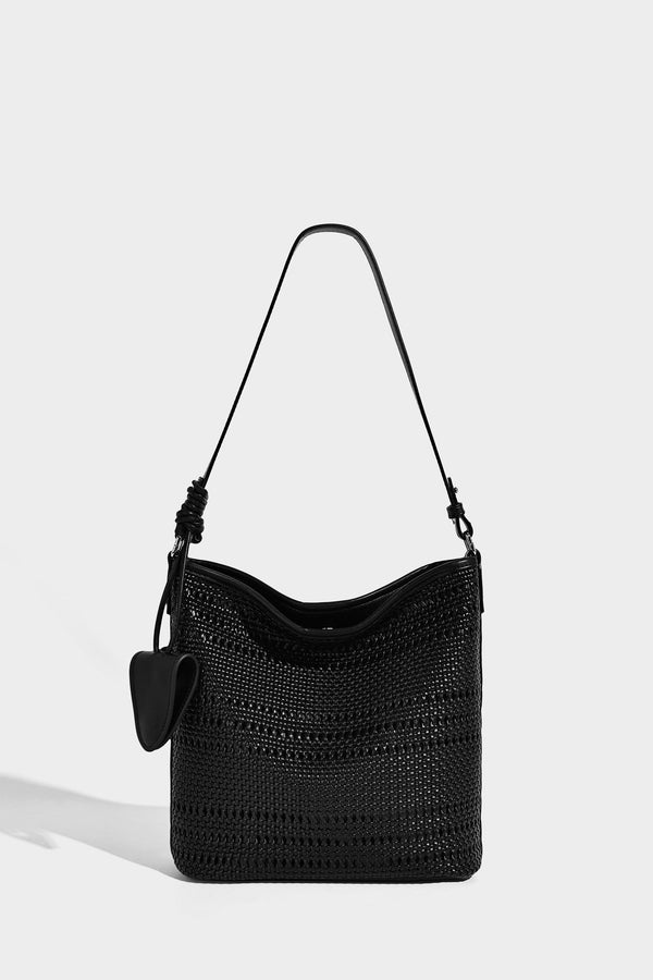 Handwoven open-weave shoulder bag with leather-look trim, knotted adjustable strap, and clip-on sunglasses sleeve pouch