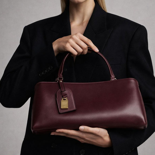 Strukturierte, rechteckige Henkeltasche in Lederoptik mit goldfarbenem Schlossanhänger und bordeauxrotem Innenfutter, Vorderansicht