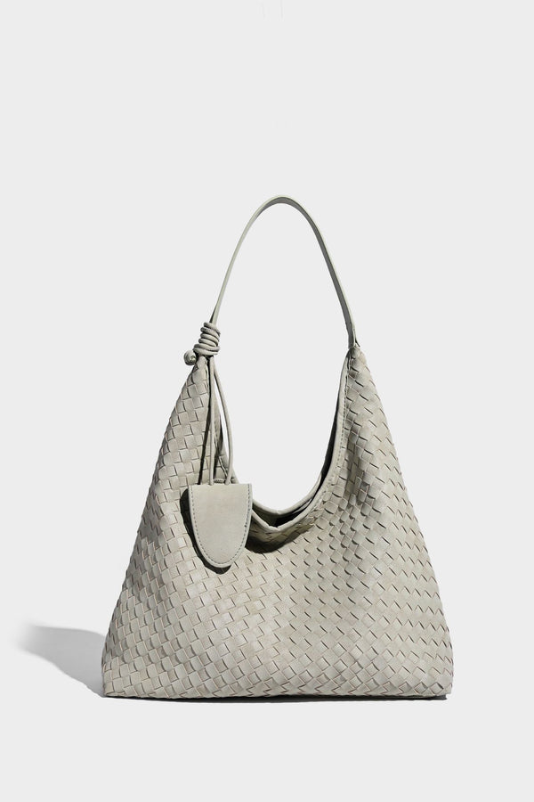 Slouchy woven hobo shoulder bag with knotted strap and matte leather-look textured finish, detail view 19