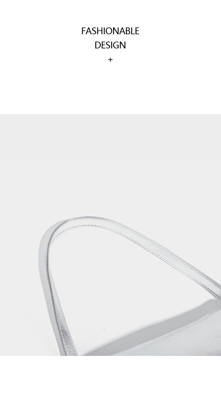 Compact curved silver metallic shoulder bag with top zip closure and slim single strap, detail view 9