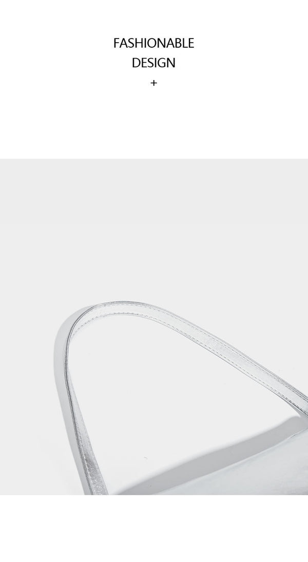 Compact curved silver metallic shoulder bag with top zip closure and slim single strap, detail view 9