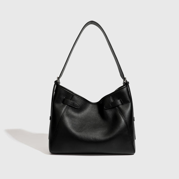 Large black pebbled leather-look hobo shoulder bag with silver-tone turn-lock front hardware and single flat adjustable