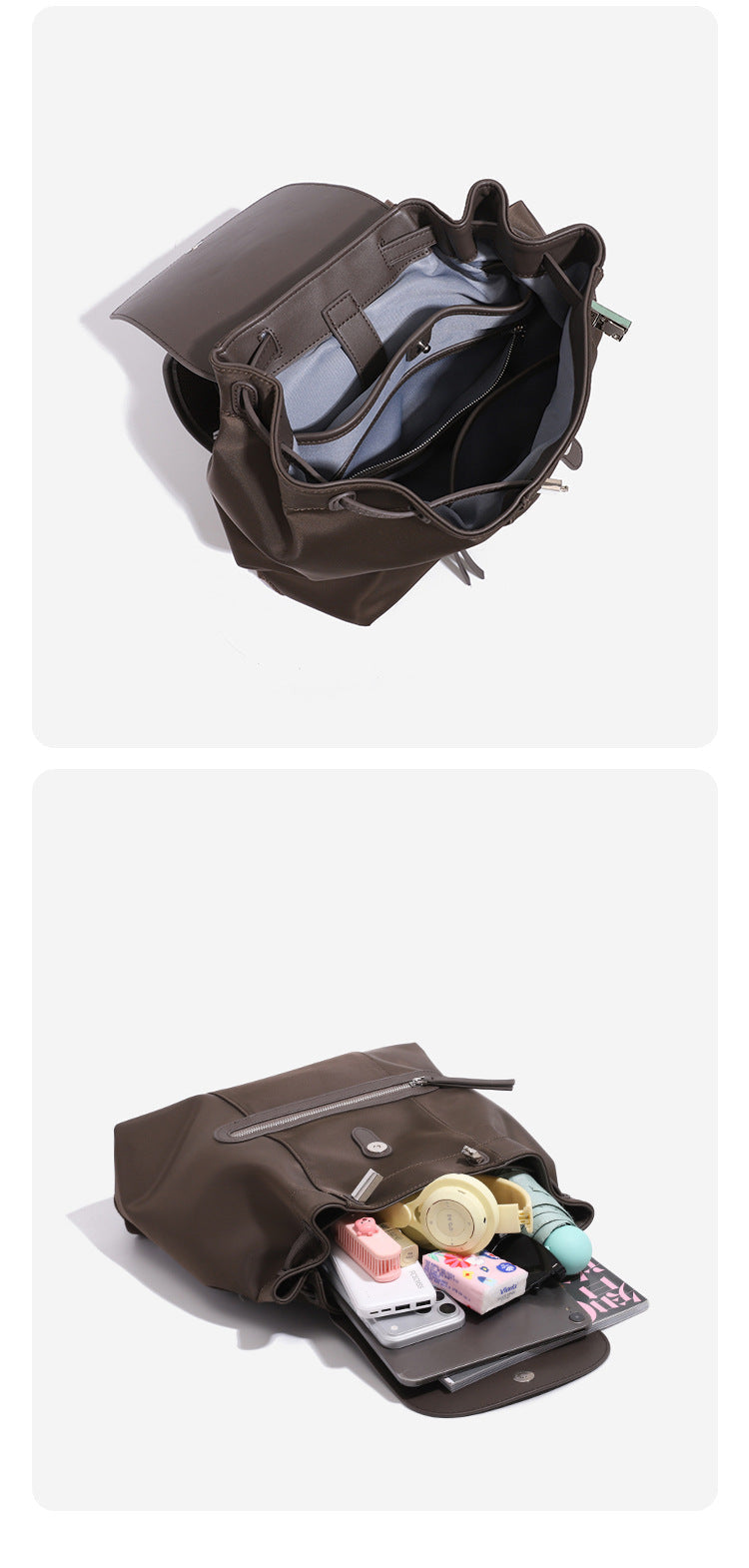 Large flap-top nylon backpack with leather-look trim, snap closure, front zip pocket, and padded shoulder straps, detail view