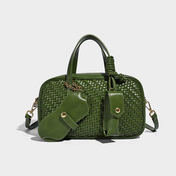 Strukturierte Boston-Tasche mit Webstruktur, glattem Besatz in Lederoptik, zwei Tragegriffen, abnehmbarem Mini-Stecktäschchen und, Detailansicht