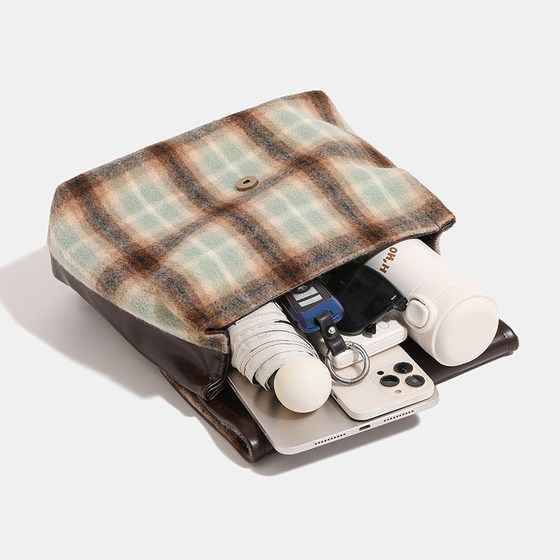 Structured plaid wool-blend flap backpack handbag in khaki sage and brown check with dark leather-look straps and antique