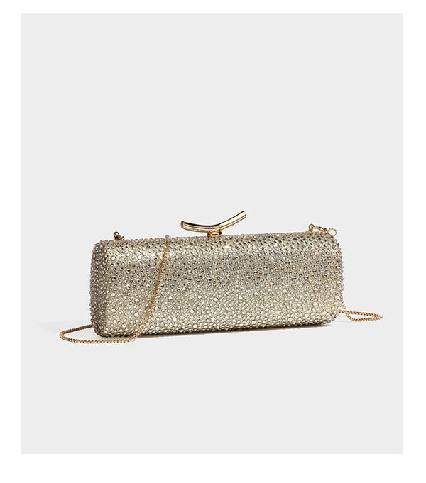 Structured rectangular hard-case clutch bag covered in all-over rhinestone crystal embellishment with curved kiss-lock top