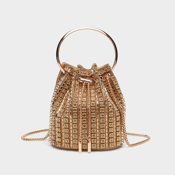 Mini crystal rhinestone bucket bag with circular ring top handle, drawstring closure, and silver chain shoulder strap, detail
