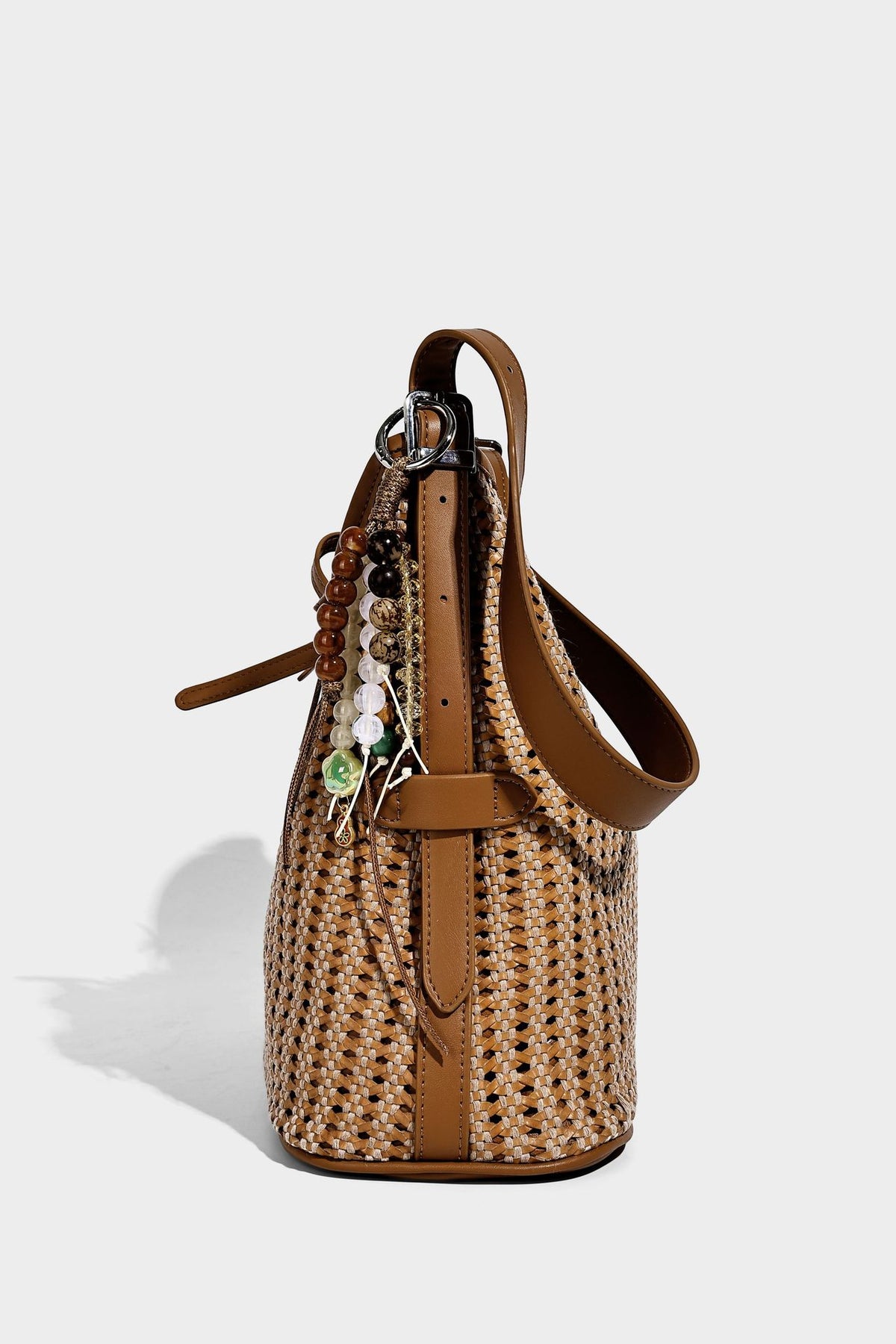 Slouchy open-weave shoulder tote bag with leather-look tan trim, tie-front closure, and long adjustable strap, detail view 18