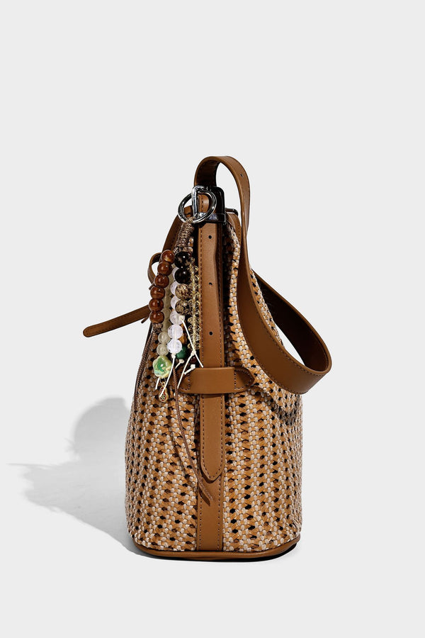 Slouchy open-weave shoulder tote bag with leather-look tan trim, tie-front closure, and long adjustable strap, detail view 18