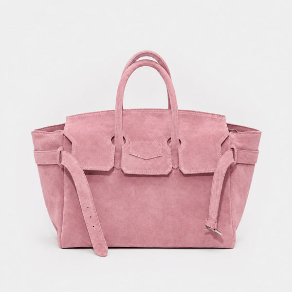Große strukturierte Trapez-Tote aus mattem, veloursähnlichem Material mit zwei Tragegriffen und Gurt mit Schnallendetail, Vorderansicht