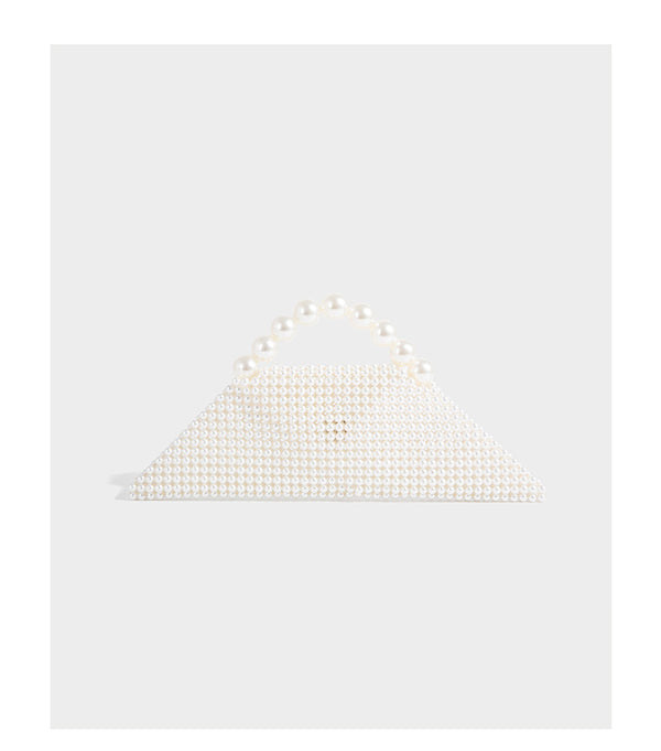 Small structured triangle clutch bag covered in glossy pearl beads with an arched pearl top handle and silver snap closure