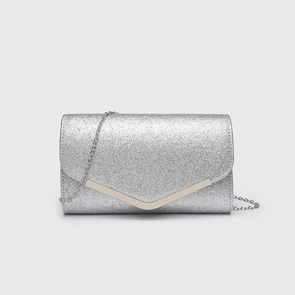 Structured glitter envelope clutch bag with gold-tone V-bar hardware and detachable chain strap, detail view 7