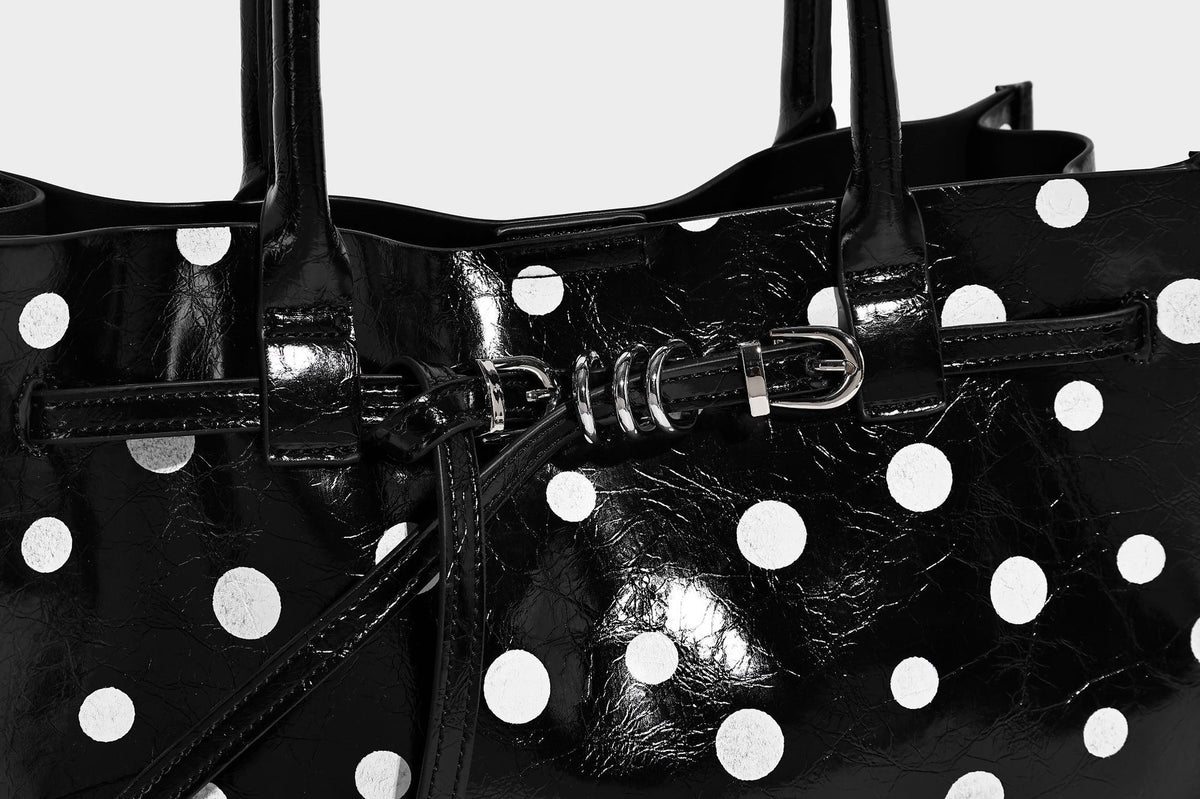Structured glossy leather-look polka-dot satchel tote with dual top handles and detachable shoulder strap, detail view 18