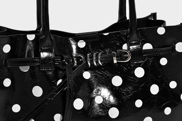 Structured glossy leather-look polka-dot satchel tote with dual top handles and detachable shoulder strap, detail view 18
