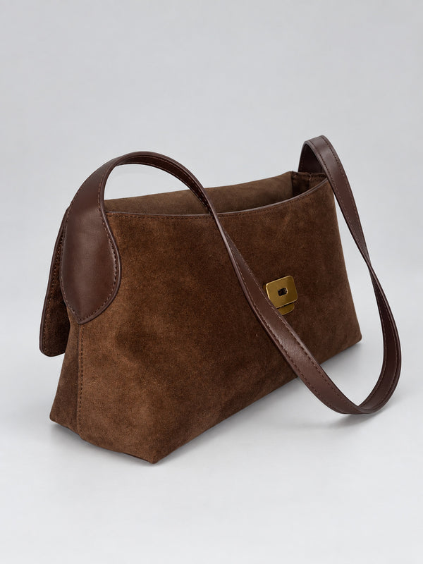 Rectangular matte suede-finish flap shoulder bag with slim dark strap and gold-tone turn-lock hardware, detail view 17