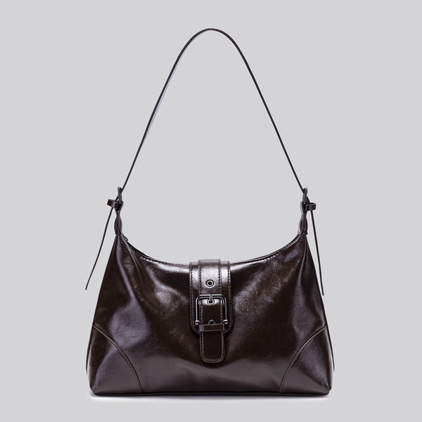 Glossy dark brown slouch hobo shoulder bag with front buckle strap panel and long adjustable single strap, front view