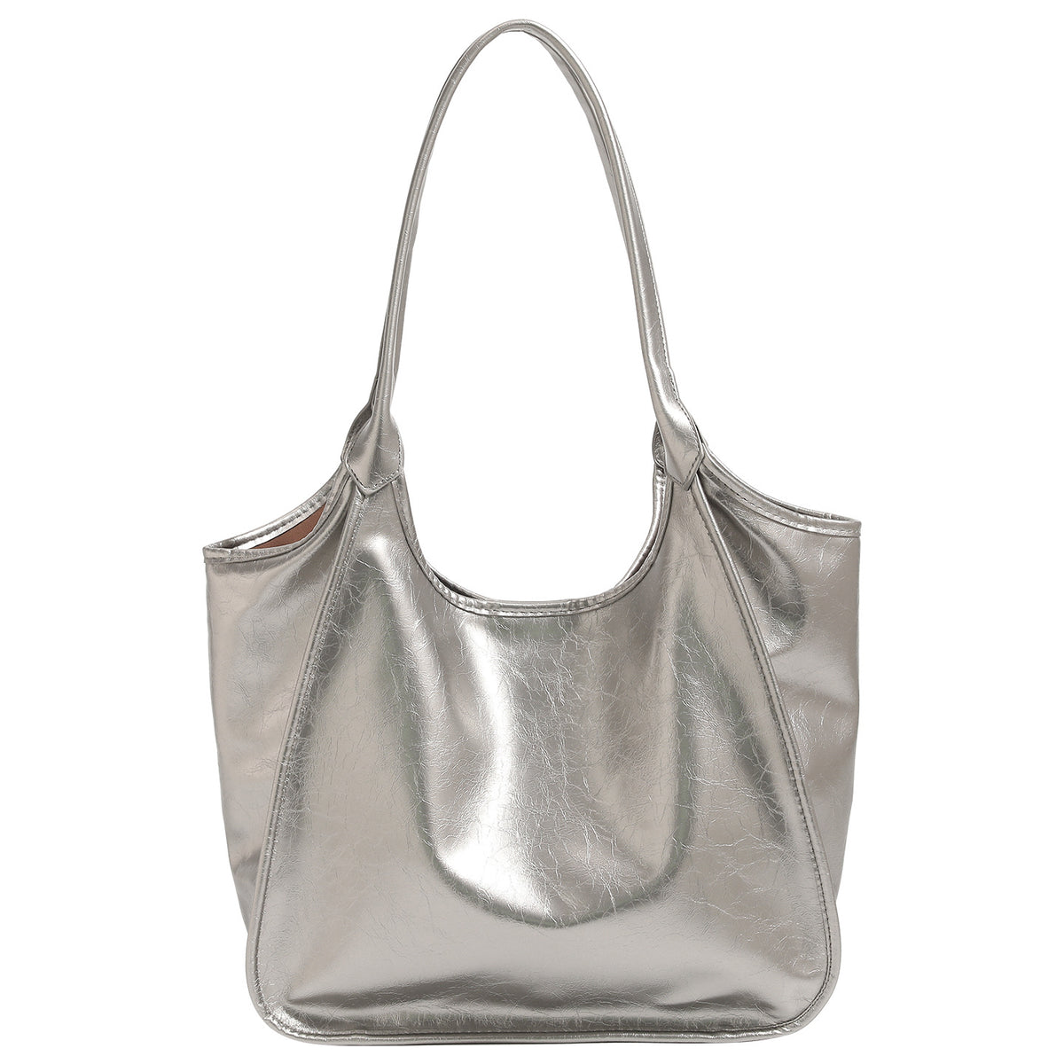 Large open-top shoulder tote bag with glossy crinkled metallic finish and long double straps, detail view 5