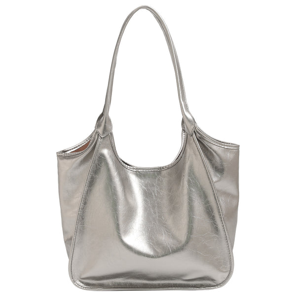 Large open-top shoulder tote bag with glossy crinkled metallic finish and long double straps, detail view 5