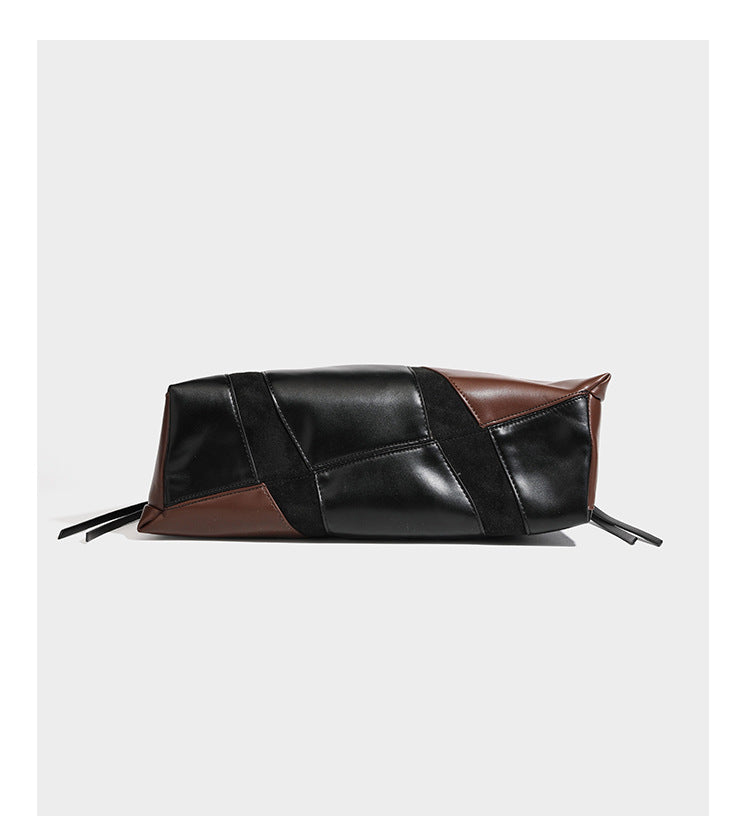 Two-tone black and brown leather-look slouchy shoulder bag with beaded tassel charm and silver-tone hardware, detail view 12