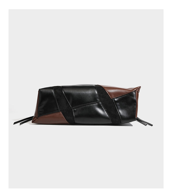 Two-tone black and brown leather-look slouchy shoulder bag with beaded tassel charm and silver-tone hardware, detail view 12