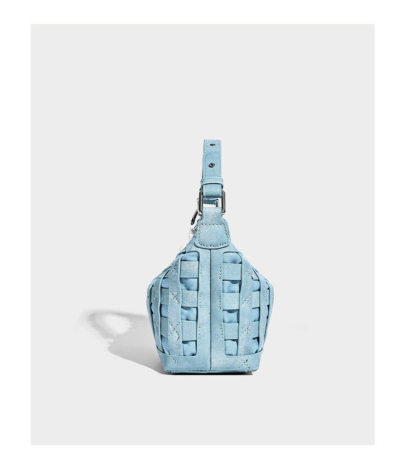 Small woven convertible shoulder bag with top zipper, silver-tone hardware, and detachable crossbody strap, detail view 15