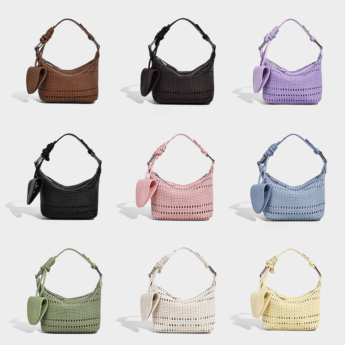Small woven lattice hobo shoulder bag with crescent silhouette, top zip closure, silver-tone hardware, and adjustable, detail