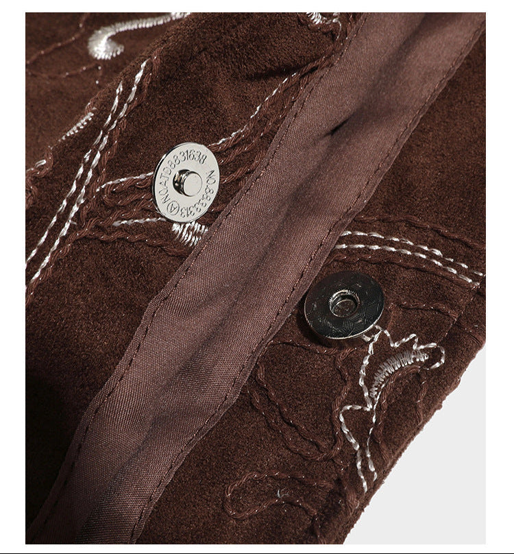 Brown suede-finish tote bag with paisley embroidery and braided fabric-ribbon shoulder strap, detail view 23