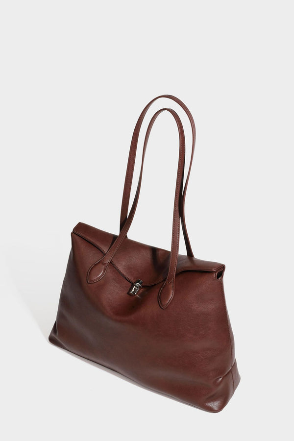 Large leather-look tote shoulder bag with slim double straps and silver-tone turn-lock closure, detail view 33