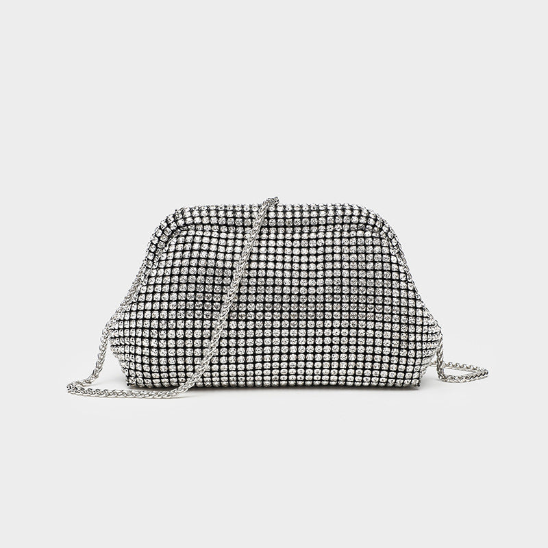 Small crystal rhinestone clutch crossbody bag with silver-tone chain strap and frame-clip closure, front view