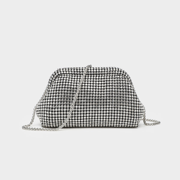 Small crystal rhinestone clutch crossbody bag with silver-tone chain strap and frame-clip closure, front view