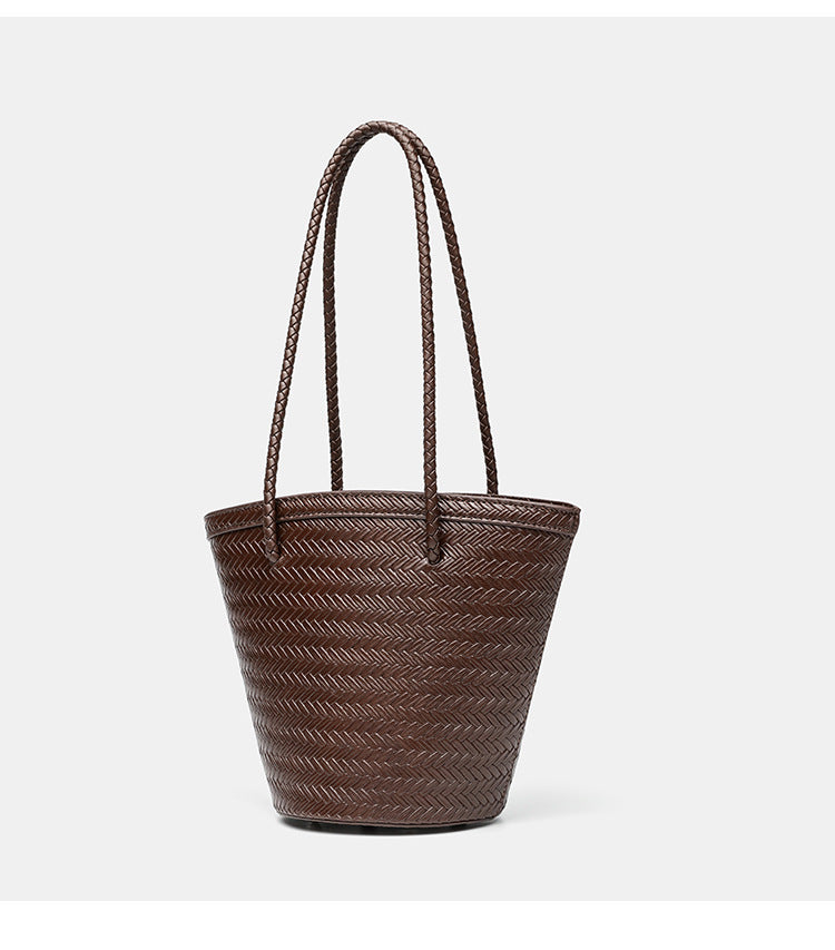 Woven herringbone-texture bucket bag with braided rope shoulder strap in dark brown, detail view 11