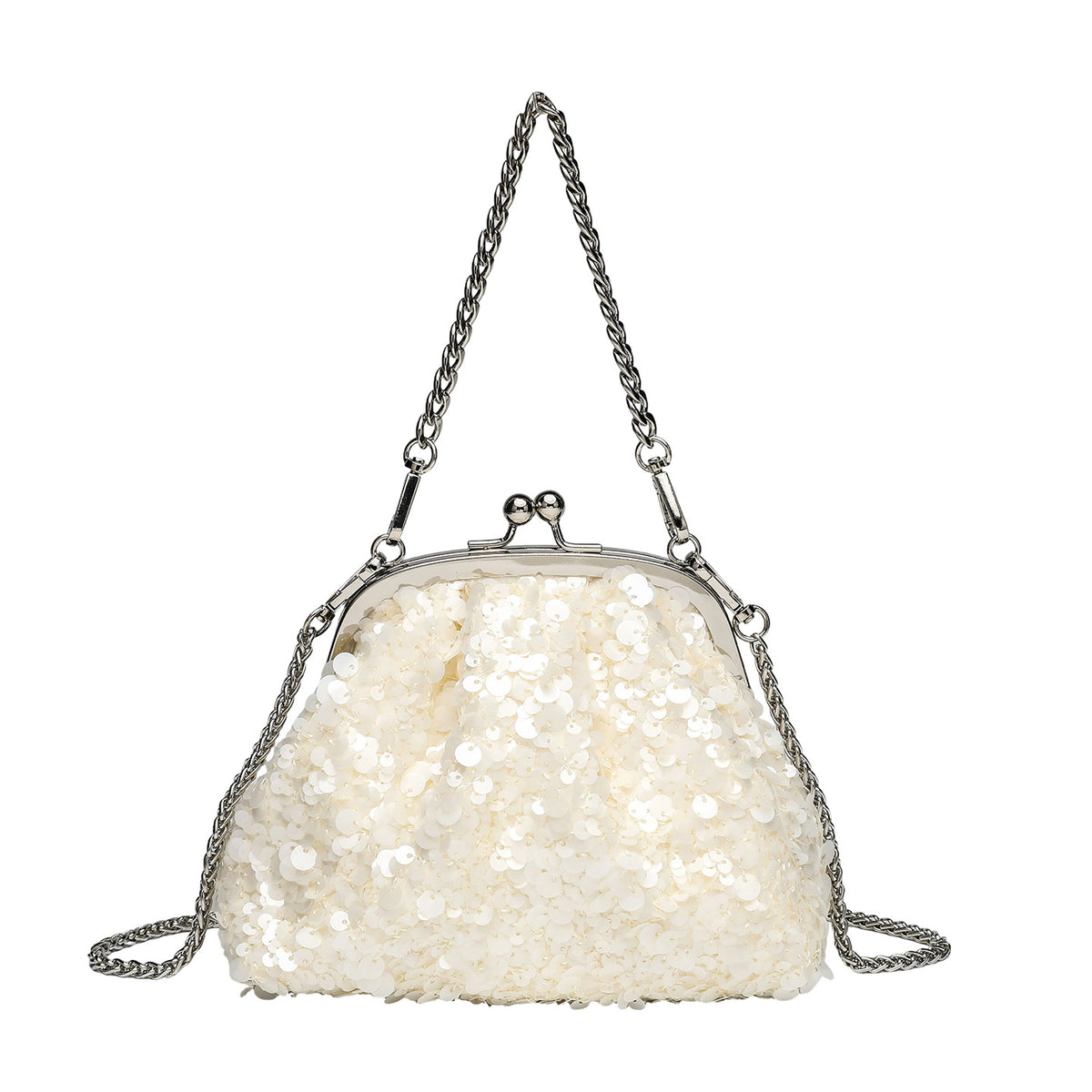 Small structured sequin kiss-lock evening bag with silver-tone chain strap in cream white, detail view 5