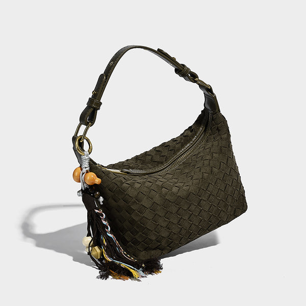 Small woven-texture crescent hobo bag in dark chocolate brown with top zip closure, gold-tone hardware, and adjustable