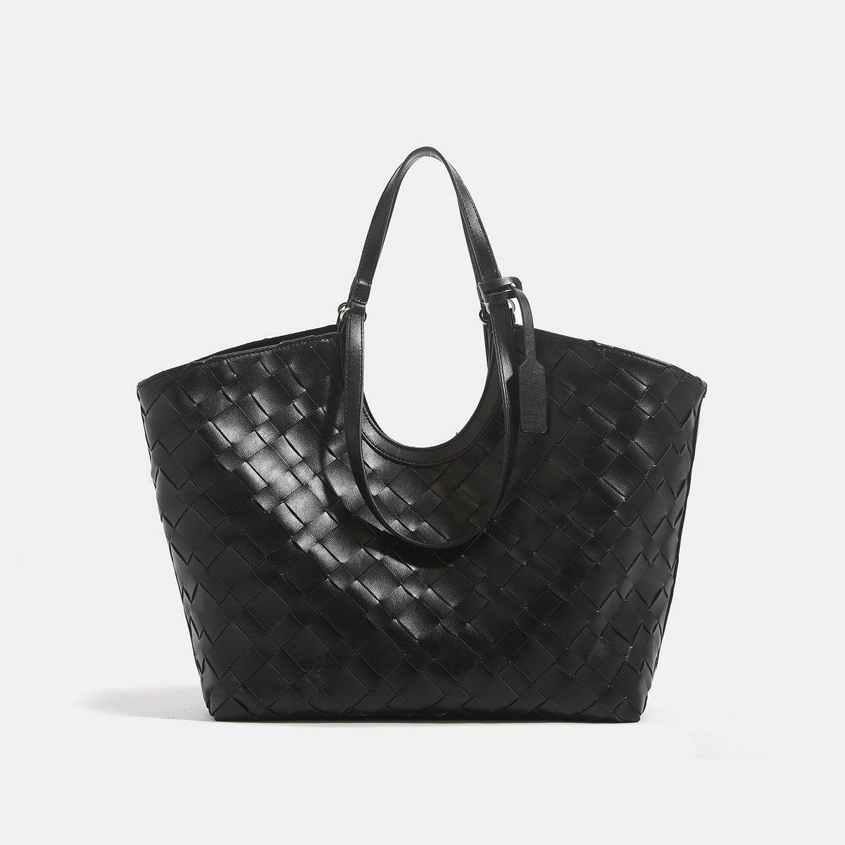 Large woven leather-look tote bag with open top and dual shoulder handles, detail view 7