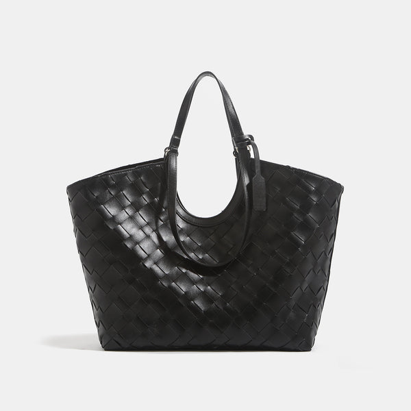 Large woven leather-look tote bag with open top and dual shoulder handles, detail view 7