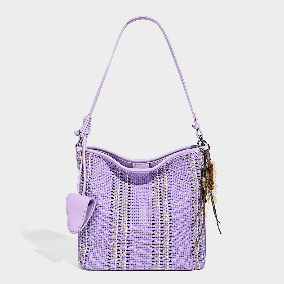 Woven bucket shoulder bag with leather-look trim, silver-tone hardware, and beaded tassel charm, detail view 14
