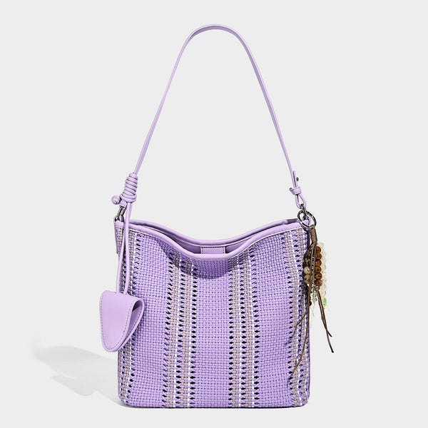 Woven bucket shoulder bag with leather-look trim, silver-tone hardware, and beaded tassel charm, detail view 14