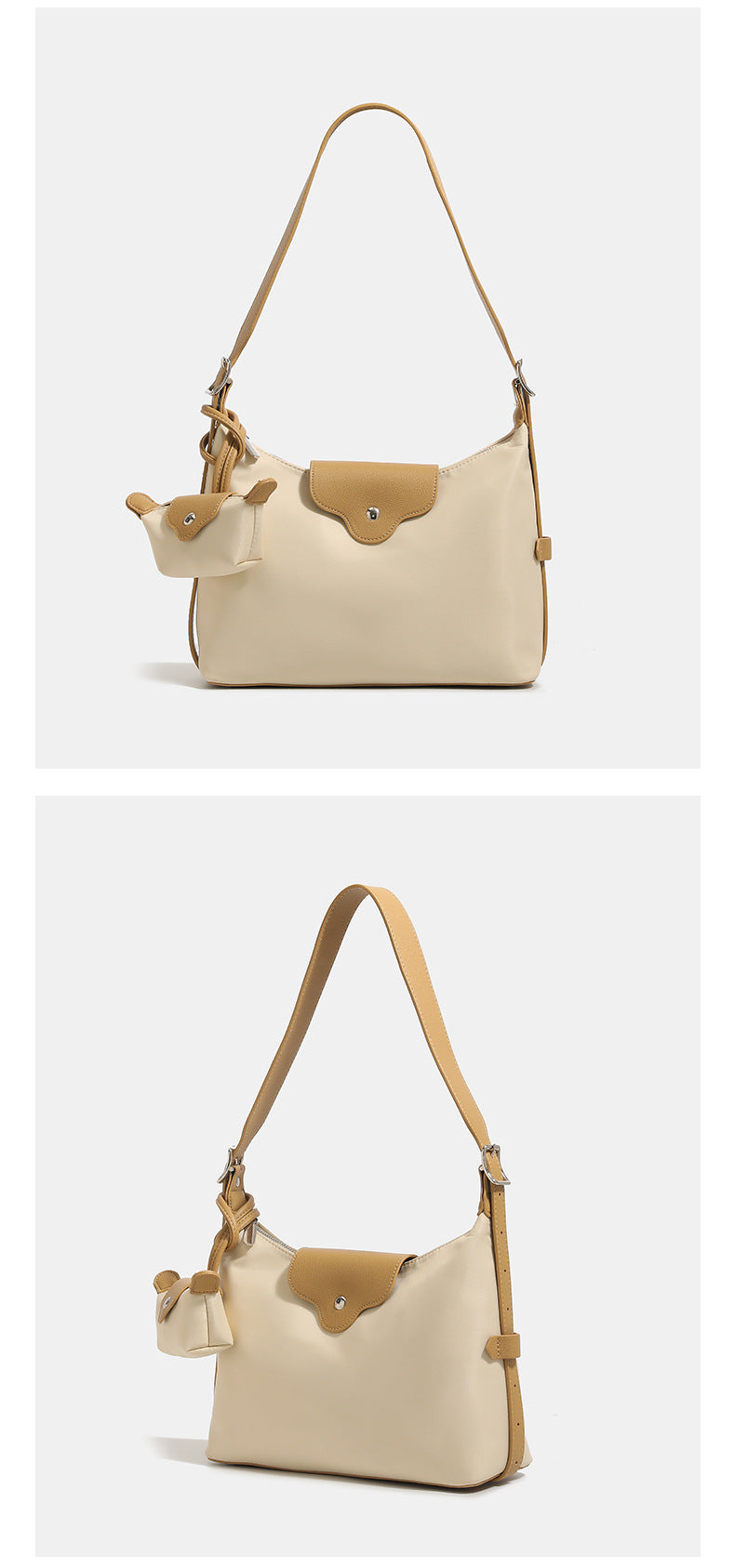 Slouchy hobo shoulder bag in smooth fabric with leather-look tan trim, zip-top closure, adjustable strap, and detachable