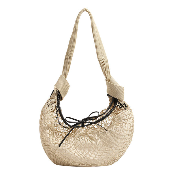 Crescent-shaped open-weave mesh shoulder bag with black drawstring cord tie and long padded strap, detail view 5