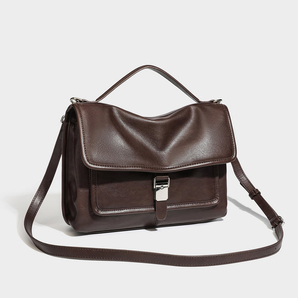 Structured rectangular satchel bag in dark espresso brown with smooth leather-look finish, flap front with silver turn-lock
