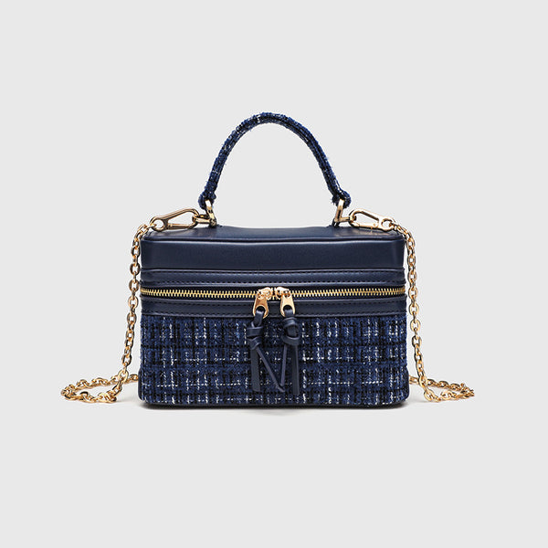 Structured navy tweed and leather-look box mini handbag with gold-tone zipper, braided top handle, and dual detachable