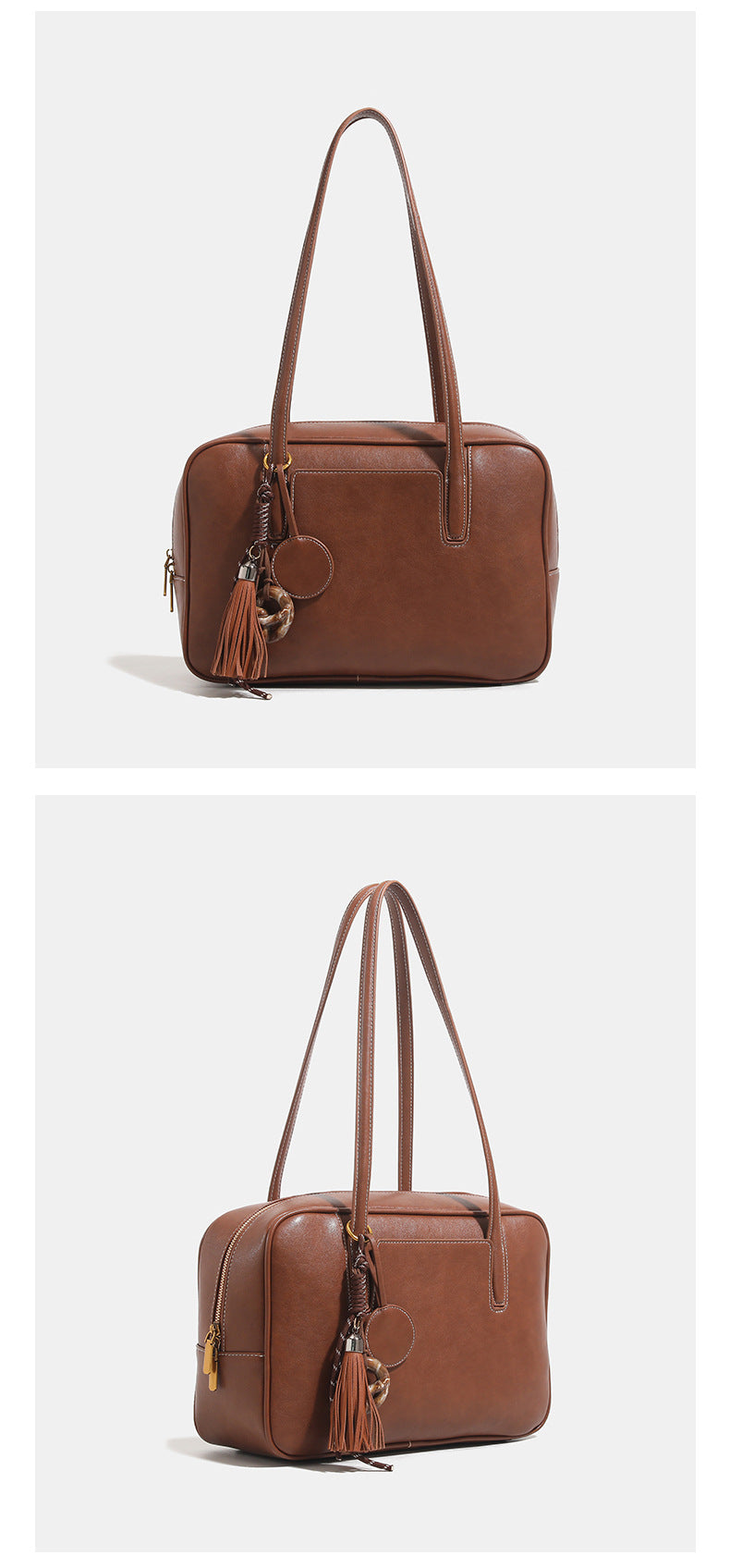 Structured rectangular leather-look shoulder bag with top zip, tassel and resin ring charm, and contrast topstitching, detail