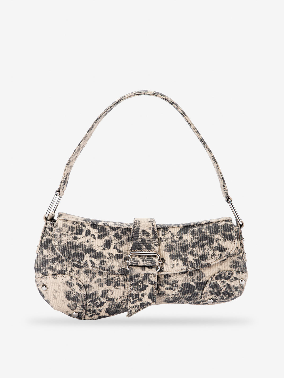Small washed leopard print shoulder bag in blue-grey with silver buckle strap and stud accents, detail view 19