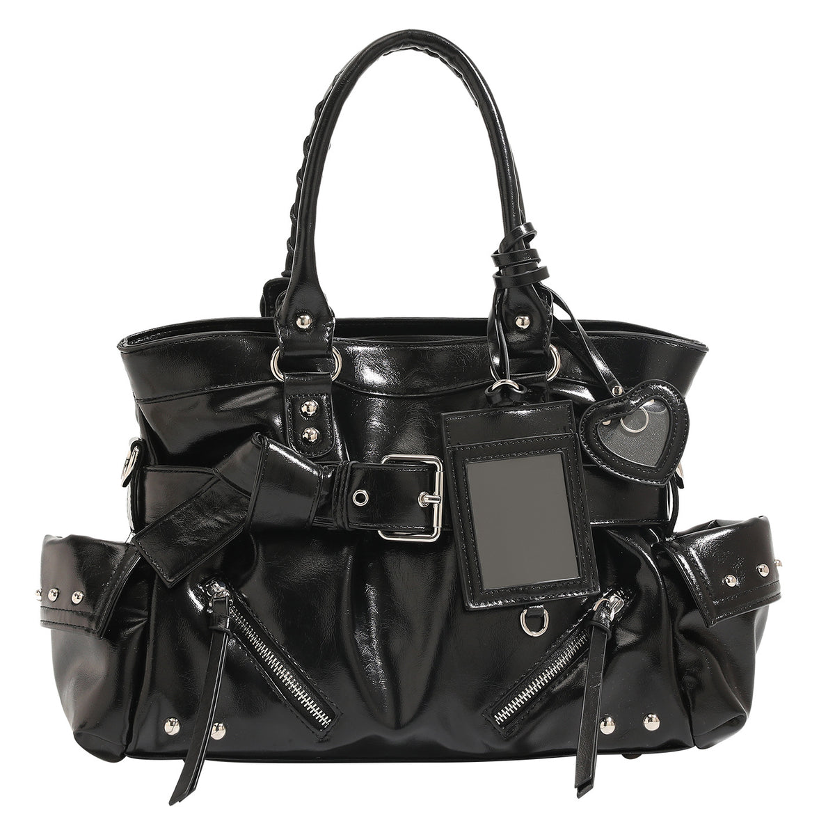 Black glossy leather-look structured tote bag with silver studs, buckle strap, exterior zip pockets, braided top handles