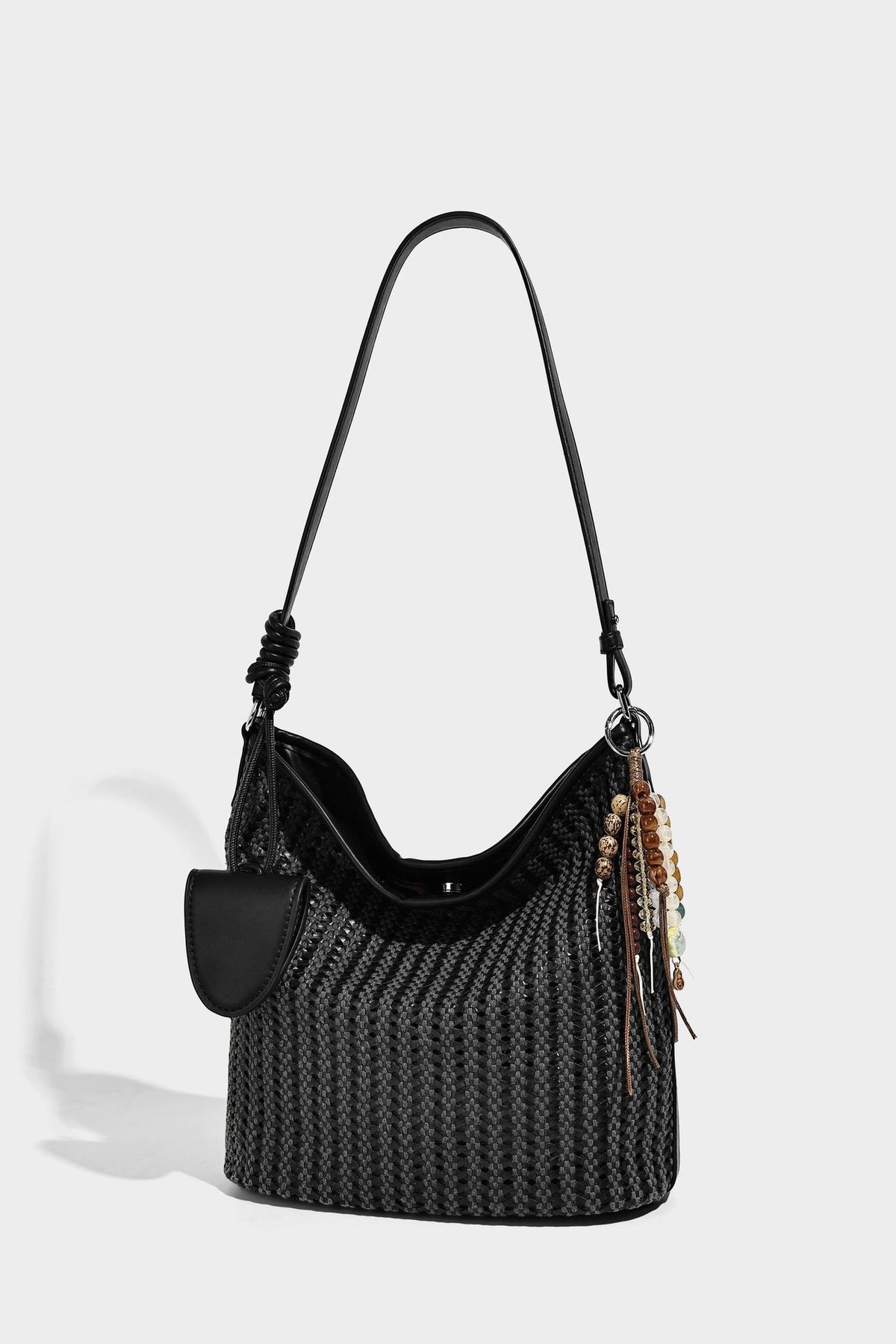 Slouchy open-weave hobo shoulder bag with leather-look trim, beaded tassel charm, and adjustable strap, detail view 13