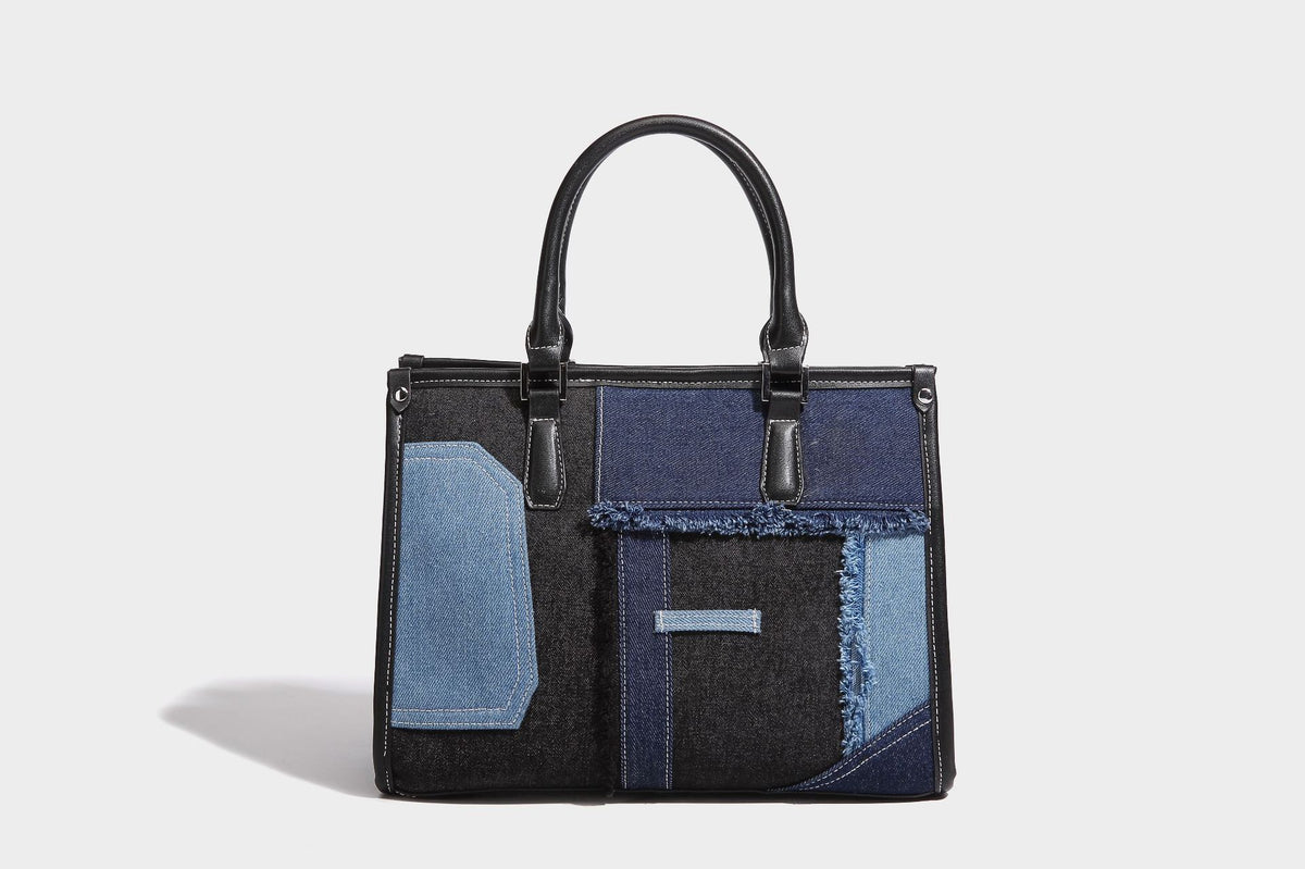 Structured patchwork denim tote bag with frayed panel seams, dual top handles, and silver-tone hardware, detail view 24