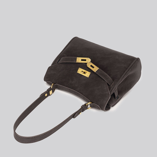 Structured dark brown flap satchel with gold-tone turn-lock hardware and detachable shoulder strap, detail view 4