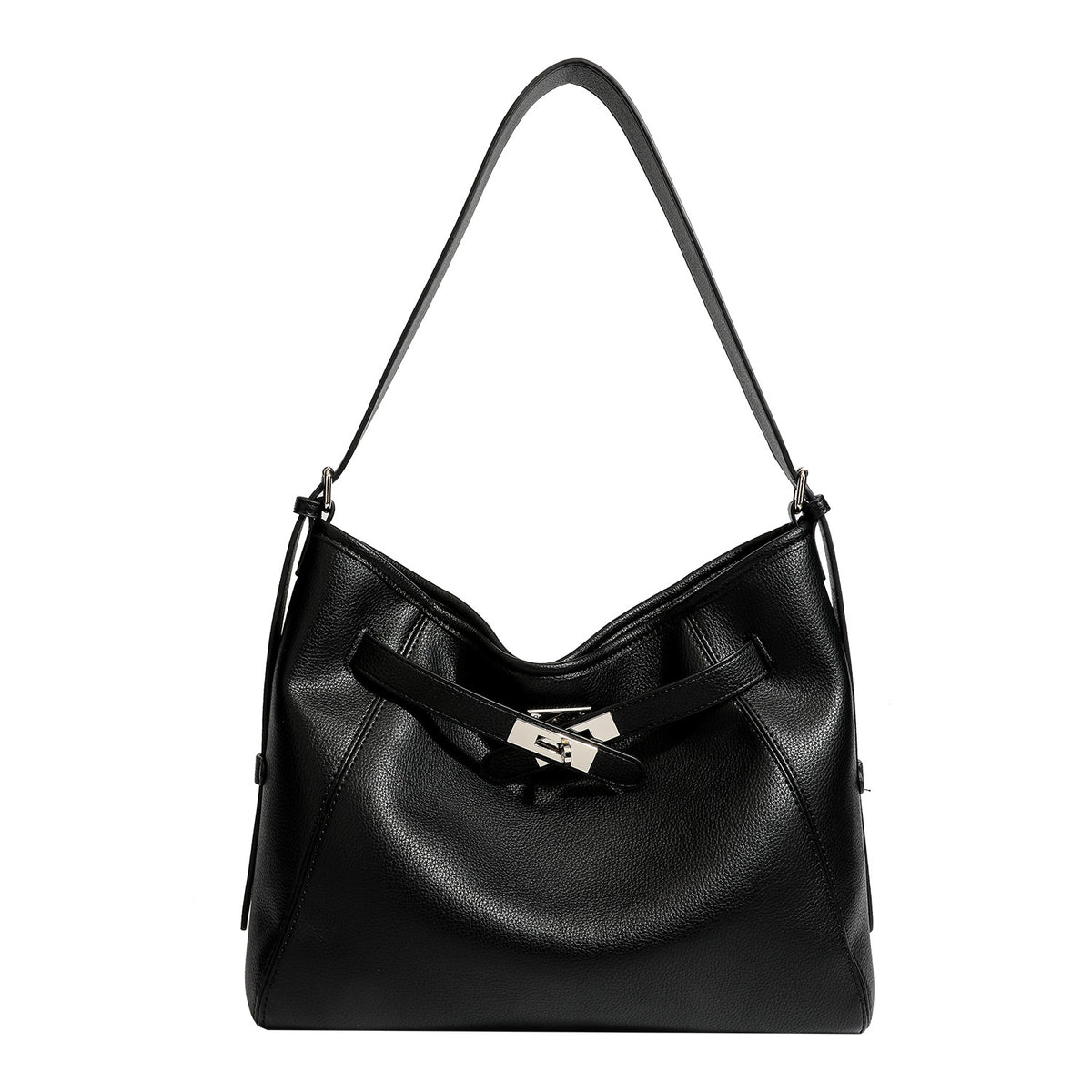 Large black pebbled leather-look hobo shoulder bag with silver-tone turn-lock front hardware and single flat adjustable