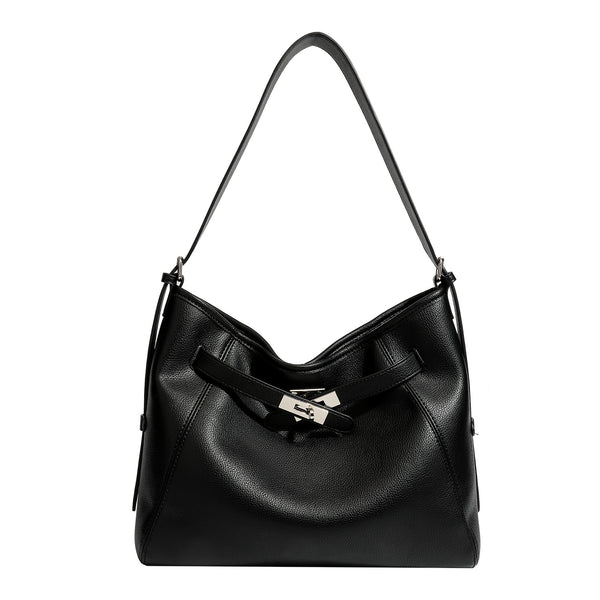 Large black pebbled leather-look hobo shoulder bag with silver-tone turn-lock front hardware and single flat adjustable